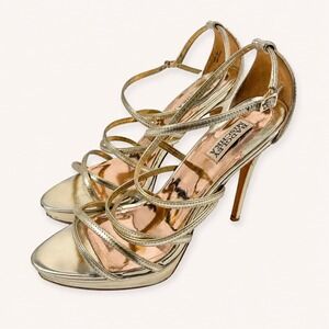 Badgley Mischka Women 10M Strappy Sandal Heels Gold Platform Glam Stiletto Party
